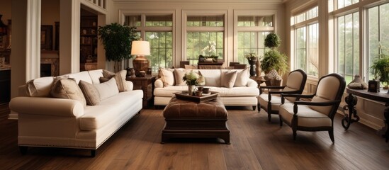 Fototapeta premium Traditional living room with brown and white color scheme and wooden flooring.
