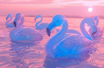 inflatable blue flamingos floating in the pink sea on a beautiful summer sunset. Happy vibes
