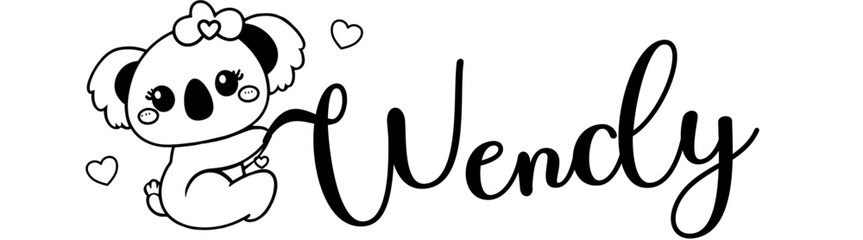 Wendy - black color - name written - Word with Koala kawaii for websites, baby shower, greetings, banners, cards,, t-shirt, sweatshirt, prints, cricut, silhouette, sublimation	