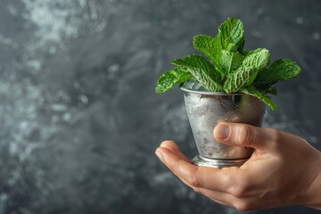 Close-up of a hand holding a mint julep in a traditional silver cup with fresh mint garnish - obrazy, fototapety, plakaty