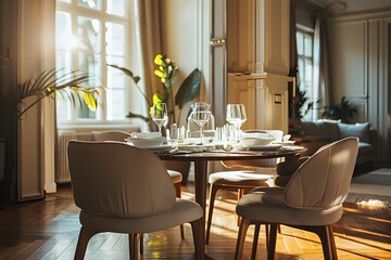 image of a chic dining room, featuring an elegant table setting, stylish chairs, and a play of natural light that enhances the beauty of the space in 16k ultra HD perfection.