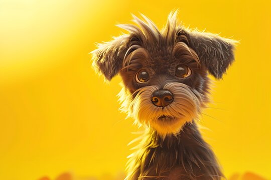 image of a cartoon puppy against a warm sunshine yellow background, with fluffy fur details and soulful eyes, delivering a joyful and realistic 16k cinematic experience.