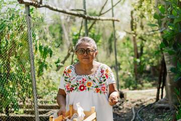Portrait of an indigenous woman looking at the camera holding a basket of tomatoes in a harvest...
