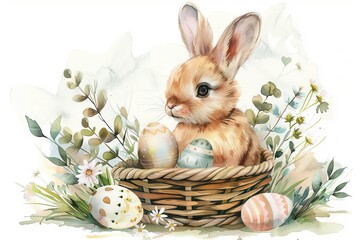 Easter bunny rabbit with eggs watercolor isolated on white background.