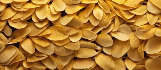 A closeup of a pile of yellow potato chips, arranged in a circular pattern, on a wooden dish. Natural ingredient for cuisine event