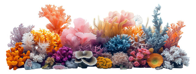 Panoramic view of vibrant colorful coral reef biodiversity, cut out - stock png. © Mr. Stocker