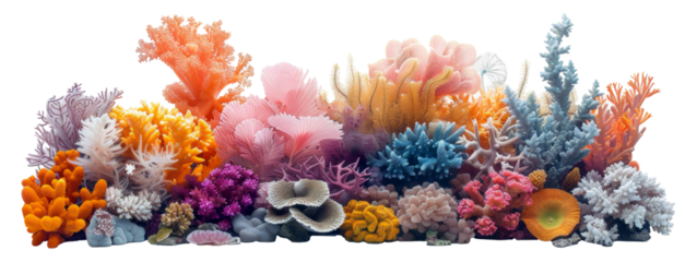 Panoramic view of vibrant colorful coral reef biodiversity, cut out - stock png.