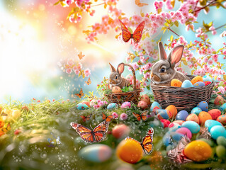 Fototapeta na wymiar Easter Bunny Decorated Eggs Adorable Rabbit Spring Color Copy Space Sale