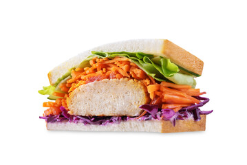 Japanese Wanpaku sandwich with pork, red cabbage and carrots on a white isolated background