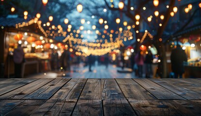  Background for product display or montage Empty wooden table top with a blurred background of a Japanese winter market Generative AI - obrazy, fototapety, plakaty