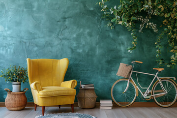 Yellow armchair, bicycle and rattan table with books near green wall.AI generated