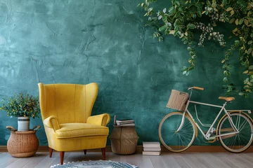 Selbstklebende Fototapete Fahrrad Yellow armchair, bicycle and rattan table with books near green wall.AI generated