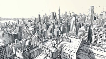 Black and white drawing of a city landscape. Buildings of varying sizes are scattered throughout the image. There are water towers on the roofs of some buildings. - obrazy, fototapety, plakaty
