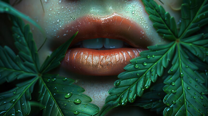 Close-up illustration of female sensual lips and relaxed girl facial expression as well as cannabis plant leaves as a cause of mood - obrazy, fototapety, plakaty