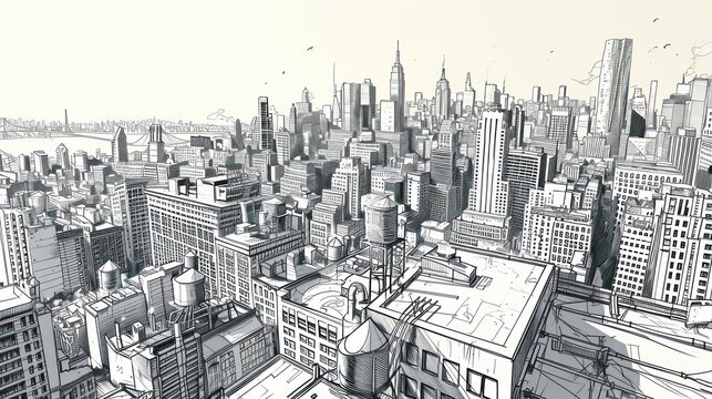 Black and white drawing of a city landscape. Buildings of varying sizes are scattered throughout the image. There are water towers on the roofs of some buildings.
