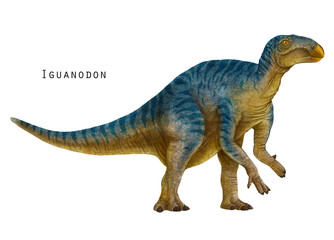 Iguanodon illustration. herbivorous dinosaur. Blue, yellow dino art - 756734606