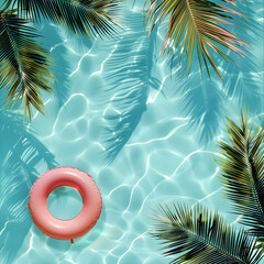 A swimming pool background with a float and palm tree branches around the border  - obrazy, fototapety, plakaty