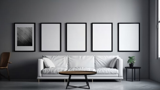 close up and zoomed in shot of minimalist living room with 3 blank empty painting frames on a wall with a 2 inch frame, colors: black, white, focus on the picture