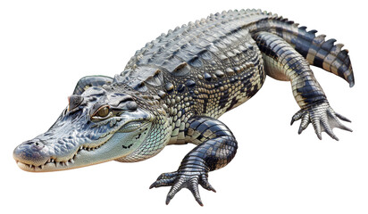 Majestic alligator basking in natural habitat on transparent background - stock png. - obrazy, fototapety, plakaty