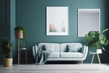 living room with a blank empty painting frame on a wall with a 2 inch frame, colors: blue, white, focus on the picture, 24mm lens, realistic, design, commercial, plants, furniture, centered painting 