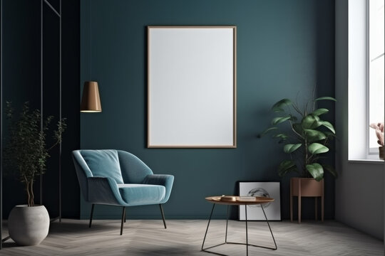 living room with a blank empty painting frame on a wall with a 2 inch frame, colors: blue, white, focus on the picture, 24mm lens, realistic, design, commercial, plants, furniture, centered painting