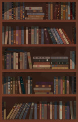 Transparet bookcase illustration. Shelves with many colorful books with patterned bindings