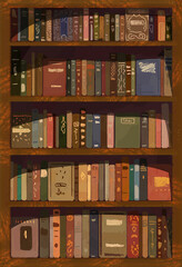 Transparet bookcase illustration. Shelves with many colorful books with patterned bindings - obrazy, fototapety, plakaty