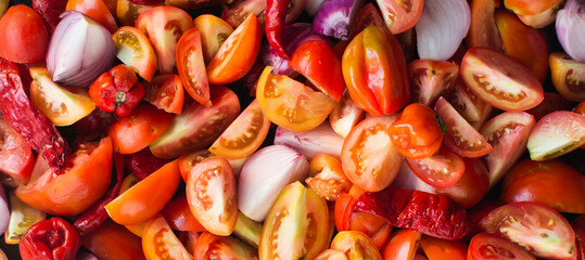 Overhead view of chopped tomatoes onions and pepper on a baking sheet, process of making roasted...