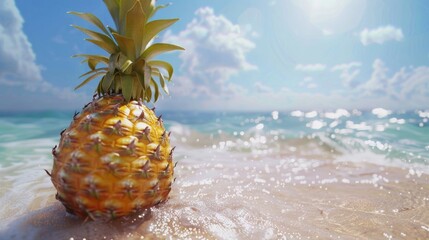 Fresh pineapple sitting on sandy beach, perfect for summer themes - Powered by Adobe