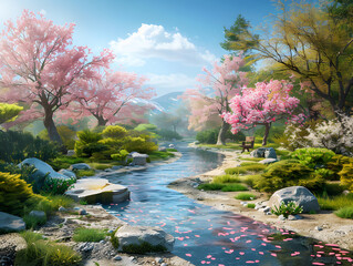 A Tranquil Japanese Garden with a Winding Stream