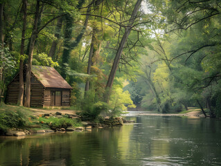 Obraz premium A Tranquil Riverside Scene with a Rustic Wooden Cabin