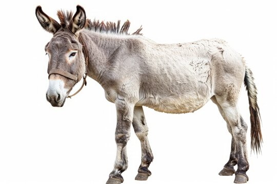 A donkey is depicted standing in front of a plain white background. The animal is the central focus of the image.