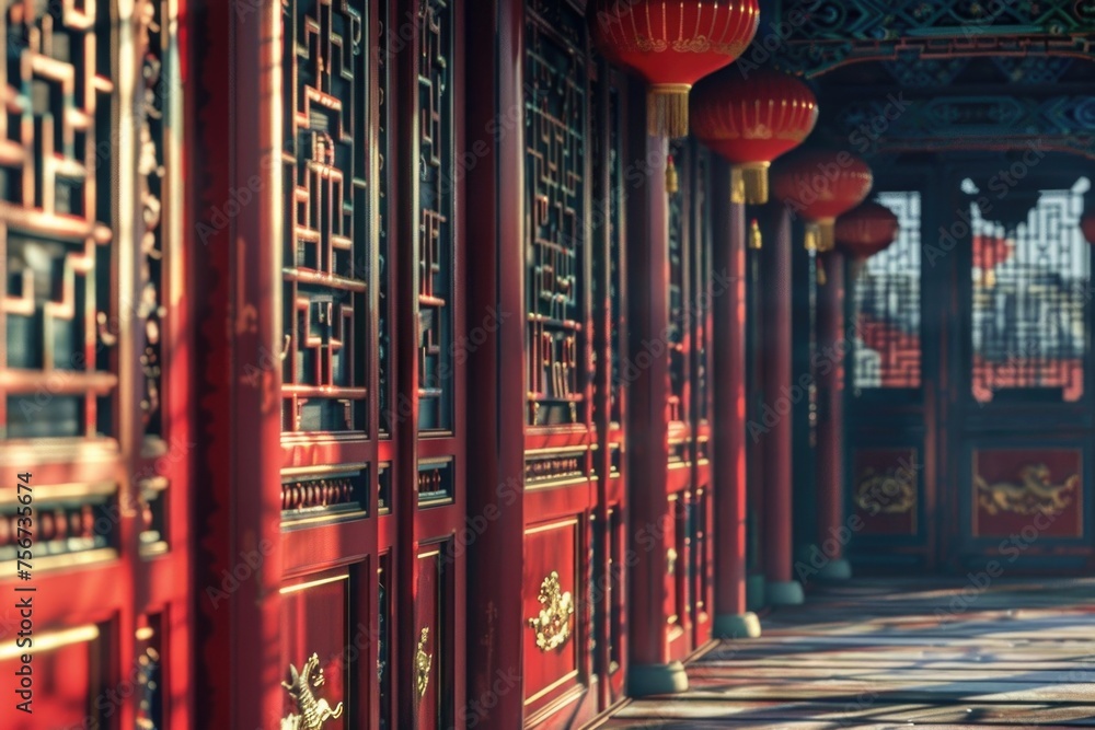 Poster A long corridor with red doors and lanterns. Suitable for interior design projects