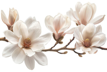Soft white magnolia flowers in full bloom on branch on transparent background - stock png.