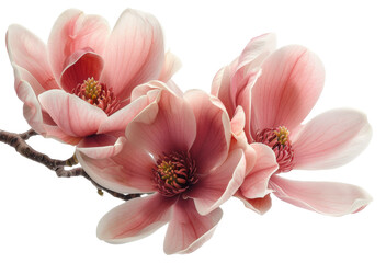 Fototapeta na wymiar Delicate pink magnolia flowers on branch on transparent background - stock png.