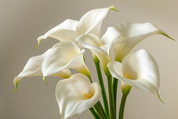 timeless elegance of white calla lilies, their graceful curves and pristine beauty set against a simple and sophisticated solid color backdrop, all in ultra-realistic 16k perfection.