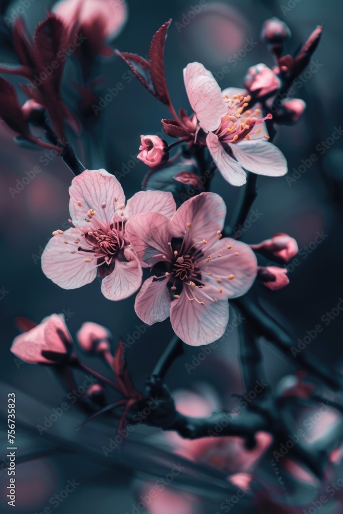 Poster close up of a pink flower on a branch. suitable for nature and spring concepts