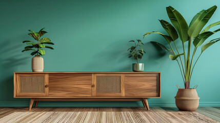 Modern living room interior with wooden sideboard and plants
