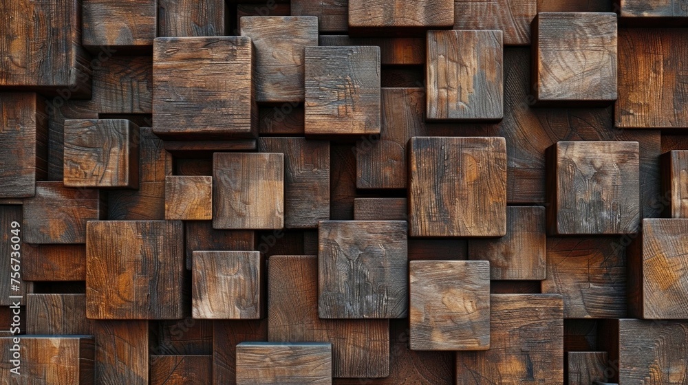 Poster detailed view of a wall constructed with wooden blocks. suitable for construction and interior desig