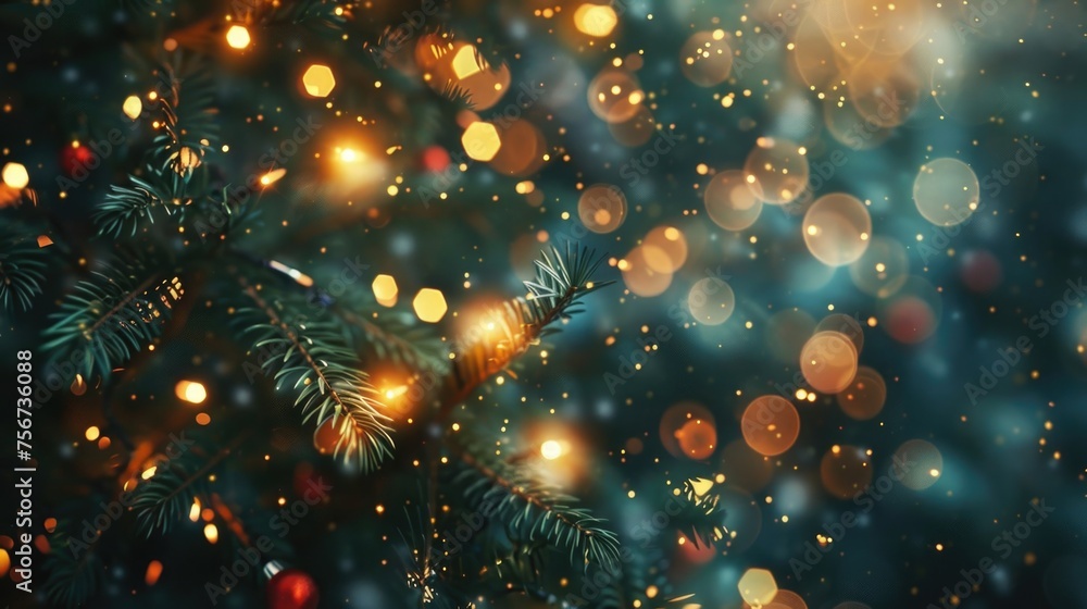 Poster a close-up view of a christmas tree with twinkling lights. suitable for holiday concepts