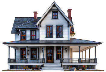 Elegant white Victorian house with gray accents and spacious front porch, cut out - stock png.