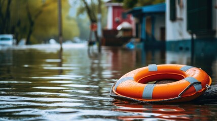 orange lifebuoy floats on the floodwaters in a residential area, symbolizing readiness and safety amidst the challenge of natural disasters.