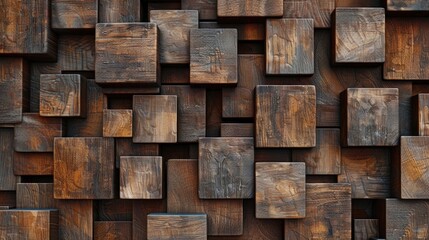 Detailed view of a wall constructed with wooden blocks. Suitable for construction and interior design concepts