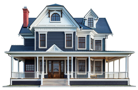 Elegant white Victorian house with gray accents and spacious front porch on transparent background - stock png.