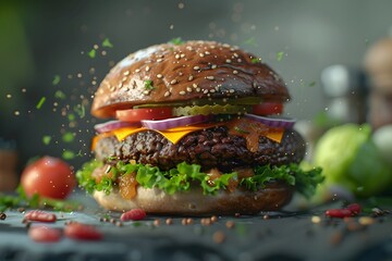ultra-realistic depiction of a gourmet burger masterpiece, featuring succulent layers of premium ingredients, perfectly stacked and showcased in 16k cinematic perfection.