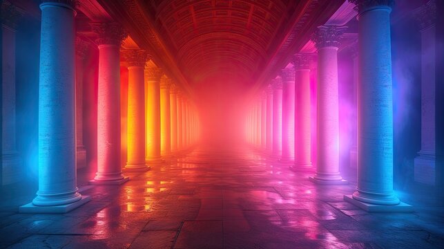 A close-up view highlights a conceptual marketing campaign with a dark hallway illuminated by neon lights. Abstract shapes and grey pillars frame a blank concrete floor