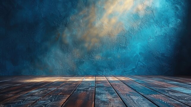 A close-up view of an empty blue wall and wooden floor with a captivating light glare creates a simple yet intriguing interior background ideal for presentations