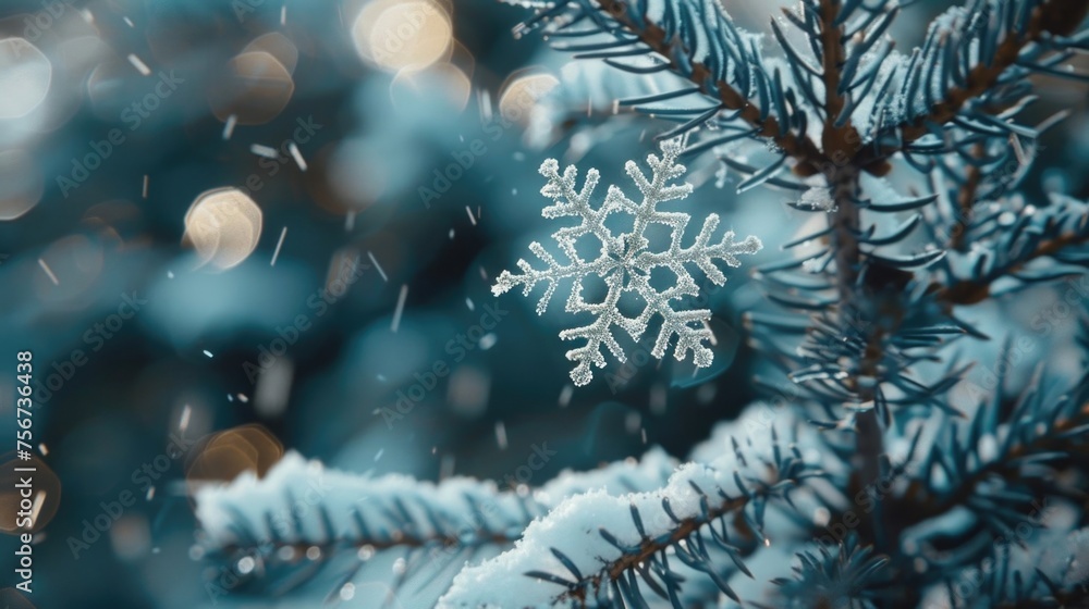 Poster a detailed view of a snowflake on a tree branch. perfect for winter and holiday themed designs