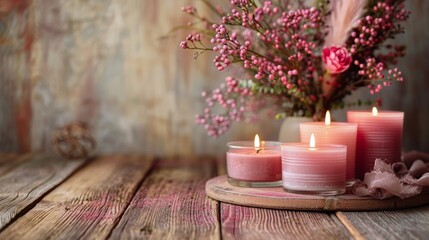 Fototapeta na wymiar Group of Pink Candles on Wooden Table