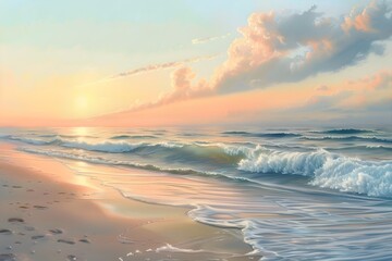 ultra-realistic depiction of a pristine beach at sunrise, with gentle waves lapping against the shore and the sky ablaze with pastel colors, capturing the essence of coastal tranquility. - obrazy, fototapety, plakaty